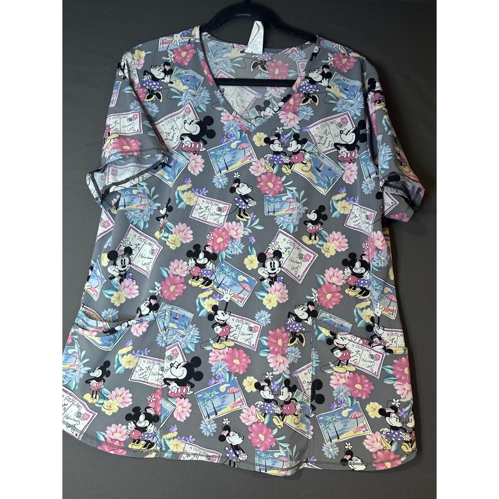 Disney Scrub Top Women XL Gray Mickey Minnie Mouse Tropical Floral V-Neck Pocket